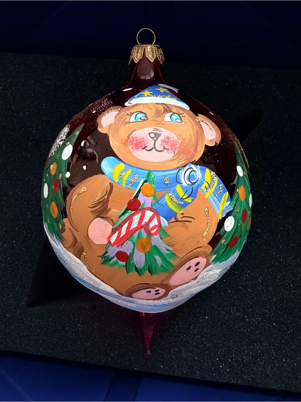 Hand-Painted Brown Bear Glass Holiday Ornament with Blue Scarf - Unbranded